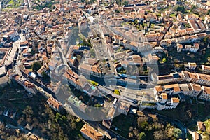 Aerial view of dense historic center of Thiers town in Puy-de-Dome department, Auvergne-Rhone-Alpes region in France