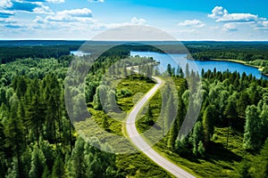 Aerial view of a dense, multi-colored autumn forest with a road cutting through the middle of the forest