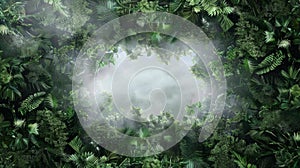 An aerial view of a dense tropical rainforest canopy, shrouded in mist, creates a serene and mysterious atmosphere. The