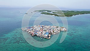 Aerial view of a densely over populated island in the archipelago of San Bernardo, Colombia