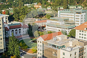 Aerial view the Department of Astronomy, Stanley Hall and the Hearst Mining Circle in UC Berkeley campus