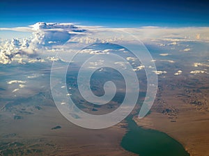 Aerial view of desert and Lake Mohave Marina, view from window seat in an airplane