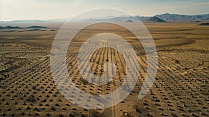 An aerial view of a desert landscape with a grid of metal detectors spread out across the ground photo