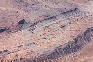 Aerial view of the desert plateaus with a visible trace of ancient glacier movement