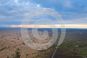 Aerial view of desertification land at dusk