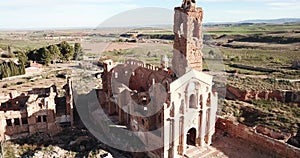Aerial view of destroyed old church of Spanish town Belchite