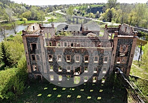 Aerial view on destroyed watermill in Sokilets,  Pivdenniy Bug river, Nemyriv district, Vinnytsya region, Ukraine