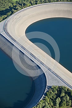 Aerial view : Detail of a barrage with 2 lakes