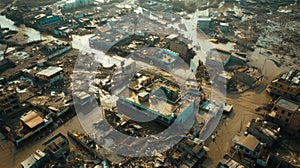 An aerial view of a devastated city shows buildings crushed and roads flooded in the aftermath of a destructive cyclone
