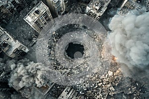 Aerial view of a devastating urban disaster scene