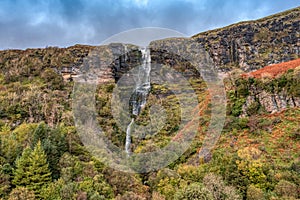 Aerial view Devil`s Chimney the highest Waterfall in Ireland close to Glencar Lough seen from above