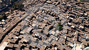 Aerial view of the Dharavi slums in Mumbai, Maharashtra, India. Dharavi is considered to be one of the largest slums in