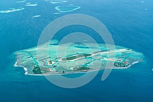 Aerial view of Dhigu, Bushi and Moyo Island, Maldives with the Anantara Maldives Resorts, Maldive Atoll