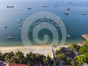 Aerial View on Dhow Ships near the African Coast. Stone town, Zanzibar, Tanzania