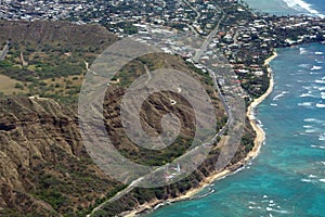 Aerial view of Diamond Head Crater, Lighthouse, Beach, Black Poi