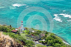 Aerial view of Diamond head lighthouse with azure ocean in background