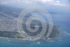 Aerial view of Diamondhead, Kapiolani Park, Waikiki, Natatorium, Kapahulu town