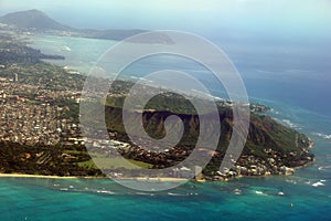 Aerial view of Diamondhead, Kapiolani Park, Waikiki, Natatorium,