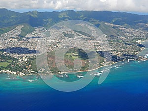 Aerial view of Diamondhead and other areas on Oahu, Hawaii