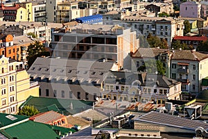 Aerial view of different roofs in the Podil district. The rooftops of buildings. View of buildings with colorful roofs