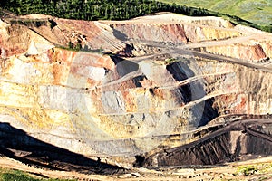 An aerial view of the dikes and terraces at an open pit phosphate mine.