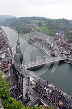 Aerial view of Dinant city, Meuse river & Collegiale Notre Dame de Dinant