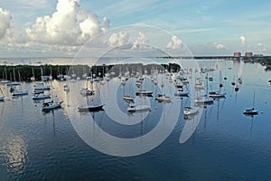 Aerial view Dinner Key Marina and anchorage in Coconut Grove, Miami, Florida