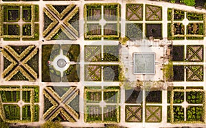 Aerial view directly above a formal landscaped garden