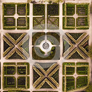 Aerial view directly above a formal landscaped garden with square angles