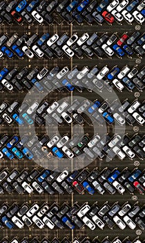 Aerial view directly above new cars ready for export and import