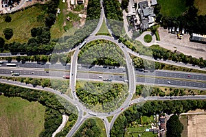 Aerial view directly above an overbridge roundabout motorway junction