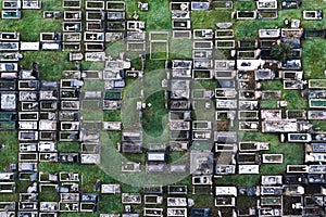 Aerial view directly above a packed inner city cemetery