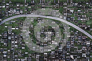 Aerial view directly above a packed inner city cemetery