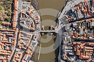 Aerial view directly above the Yorkshire coastal town of Whitby