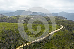 Aerial view of a dirt track in the Grose Valley in The Blue Mountains in Australia