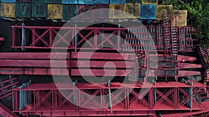 Aerial view of disassembled ferris wheel Spreepark abandoned amusement park Treptower park Berlin