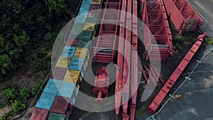 Aerial view of disassembled ferris wheel Spreepark abandoned amusement park Treptower park Berlin