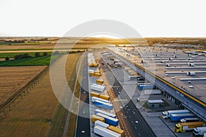 Aerial view of the distribution center, drone photography of the industrial logistic zone.