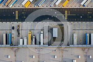 Aerial view of the distribution center, drone photography of the industrial logistic zone.