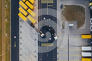 Aerial view of the distribution center, drone photography of the industrial logistic zone.