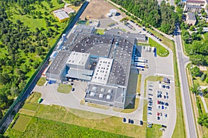 Aerial view of the distribution center, drone photography of the industrial logistic zone