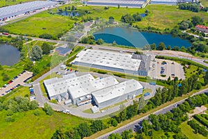 Aerial view of the distribution center, drone photography of the industrial logistic zone