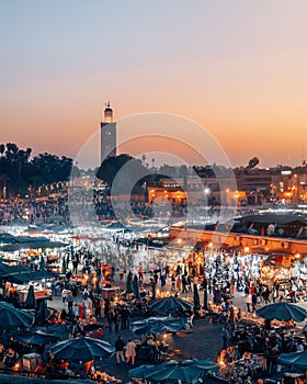 Aerial view of the Djemaa el Fna Marketplace illuminated at night