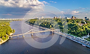 Aerial view of the Dnieper with the Pedestrian Bridge in Kiev, Ukraine