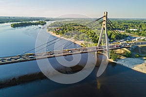 Aerial view of Dnipro river and Moskovskiy bridge in city of Kyiv, Ukraine