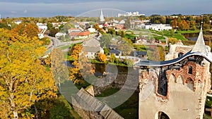 Aerial View of the Dobele City, Ancient Medieval Castle Park With Fontain Latvia. Aerial Panorama of Dobele City Sunny Autumn Day