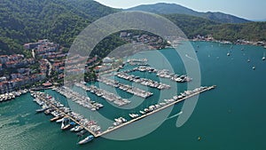 Aerial view of docked boats