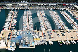 Aerial view of docked yachts in Port Olimpic. Barcelona