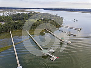 Aerial view of docks and homes along the coast in Beaufort, South Carolina, USA