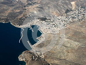 Aerial view of the dodecanese greek islands of kalymnos from an airplane